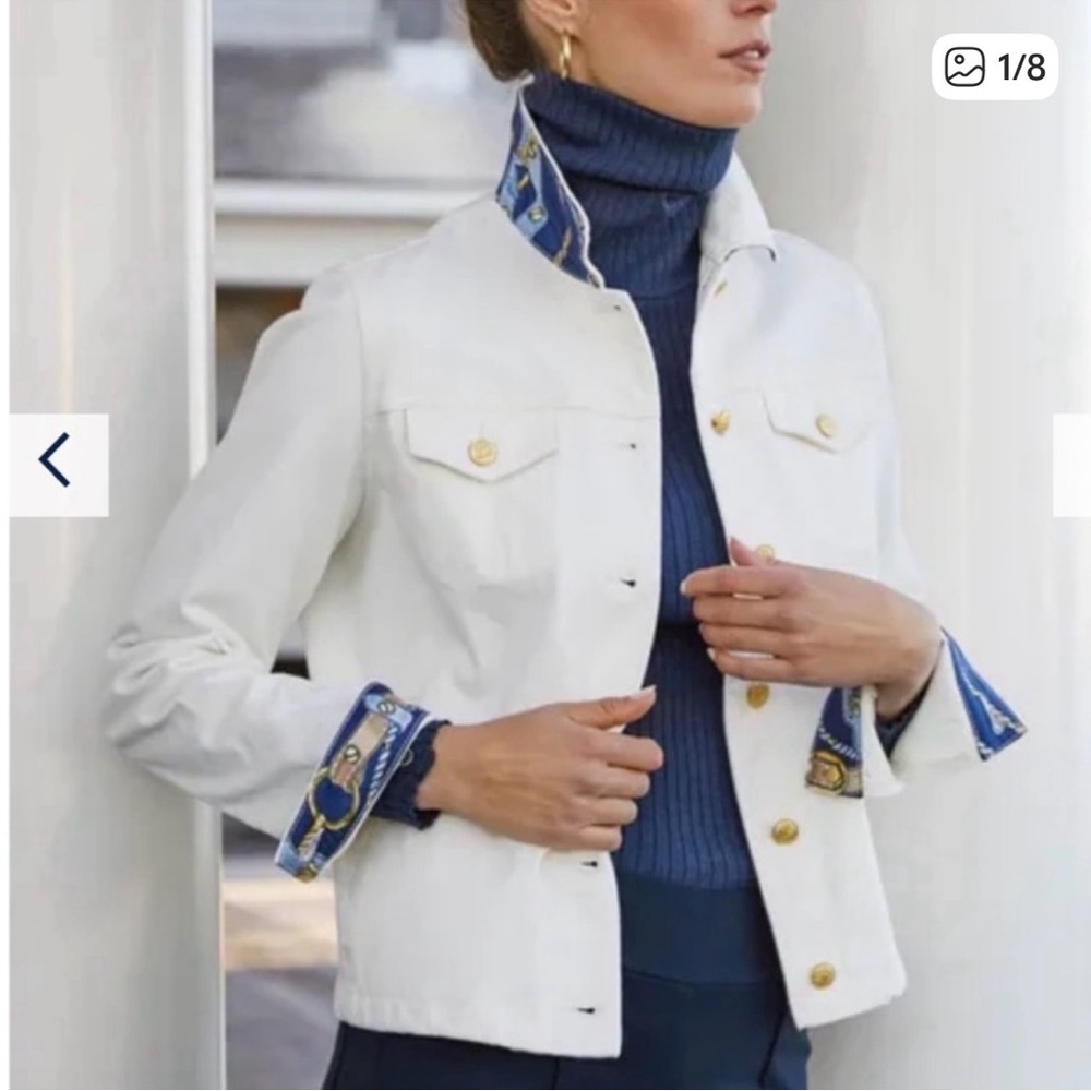 J. McLaughlin Colby White Denim Jacket with Navy Printed Trim
